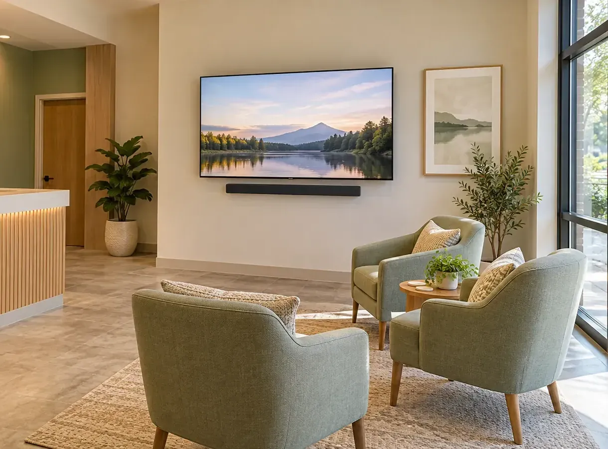 Waiting area with green armchairs, a wall-mounted TV and a slim soundbar centred beneath it, a reception counter at the left and tall windows at the right &mdash; Tottenville Staten Island business soundbar