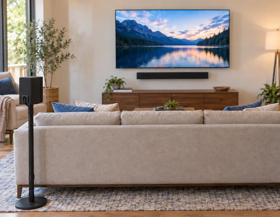 Black rear speaker on a floor stand beside a beige sofa facing a wall-mounted TV with a soundbar below it over a low wooden console &mdash; Tottenville Staten Island surround soundbar setup