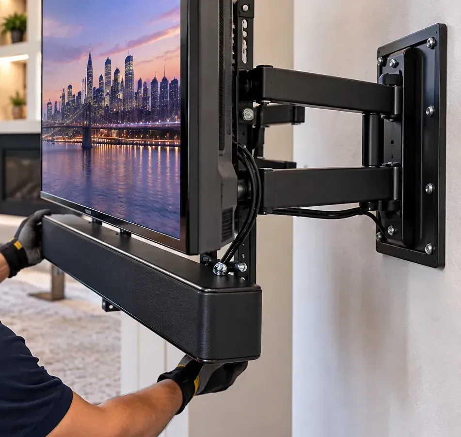 Gloved hands fitting a long black soundbar to the bottom of a TV on a double-arm full-motion wall mount, cables clipped along the arm &mdash; Tottenville Staten Island TV-attached soundbar bracket