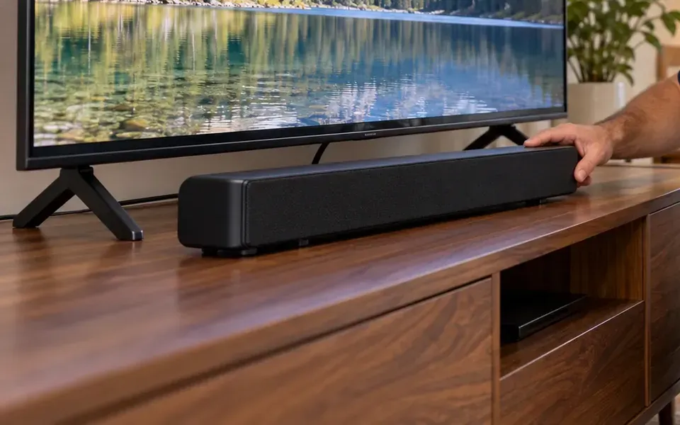 Black soundbar set on a walnut media console in front of a TV on its feet, a hand adjusting the end of the bar &mdash; Tottenville Staten Island soundbar placed on console