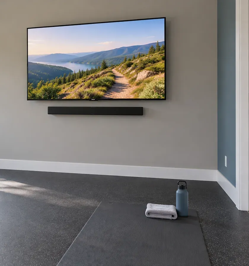 Grey-walled spare room with a wall-mounted TV and a slim soundbar fixed below it, an exercise mat, towel and water bottle on a rubber floor &mdash; Tottenville Staten Island soundbar installation