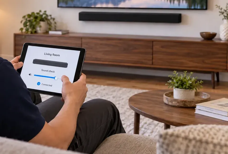Hands holding a tablet showing a Living Room sound check slider and a Connected tick, a wall-mounted soundbar above a long wooden console in the background &mdash; Tottenville Staten Island soundbar setup