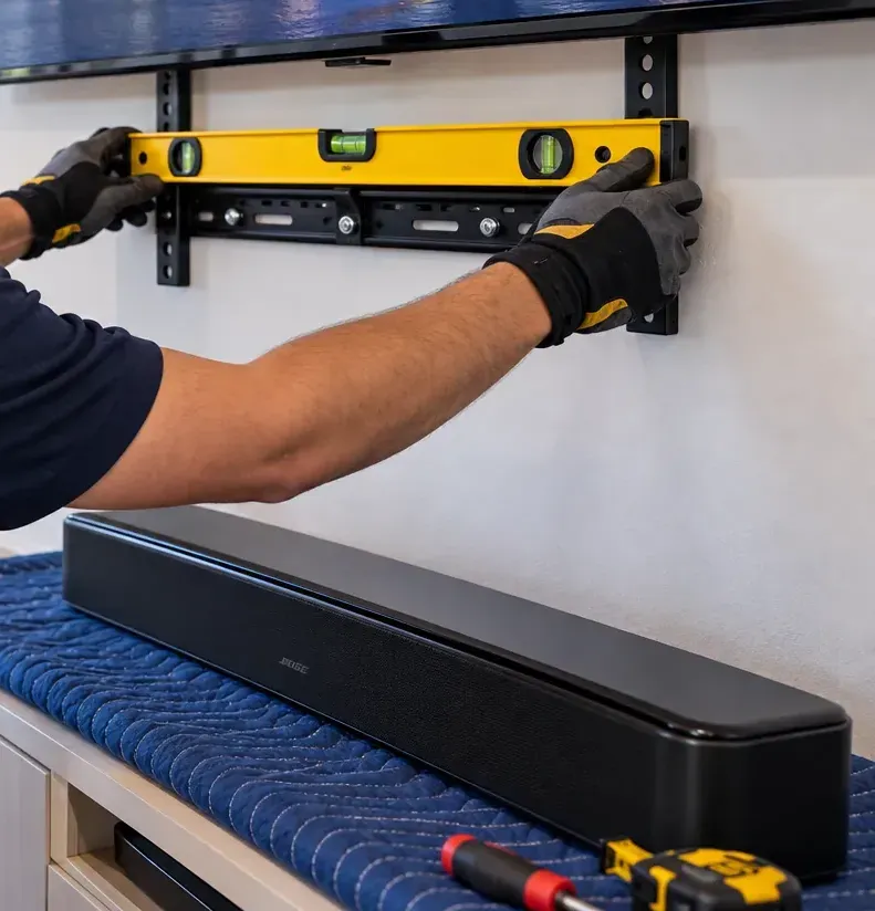 Two gloved hands pressing a yellow spirit level onto a black TV wall plate above a soundbar resting on a blue moving blanket &mdash; Tottenville Staten Island soundbar bracket install