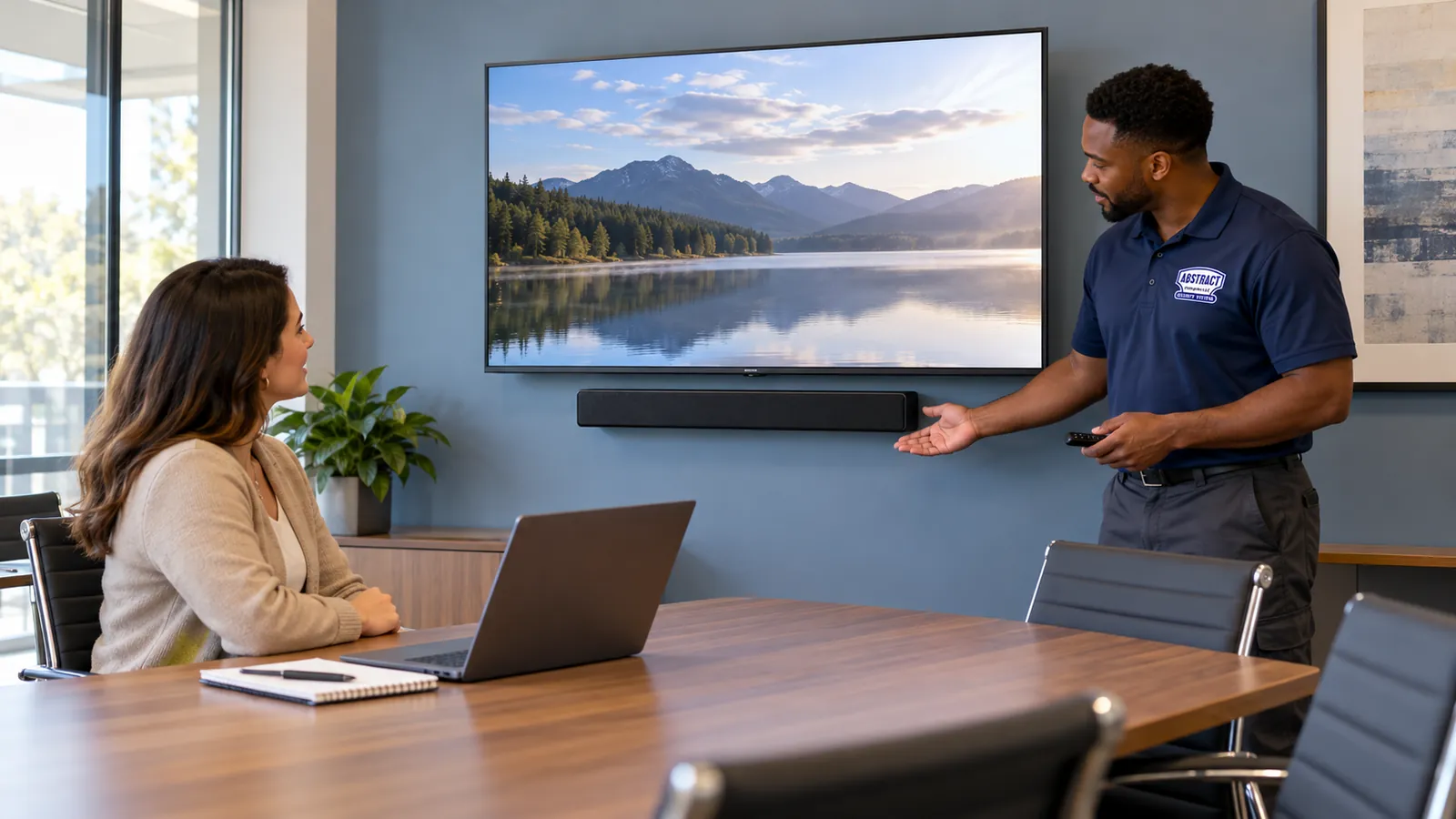 Explaining a meeting-room TV and soundbar — Tribeca, Manhattan soundbar installation Soundbar installation Tribeca, Manhattan: technician gesturing to a soundbar under a wall TV in a blue-walled meeting room while a woman at the table with a laptop and notepad listens
