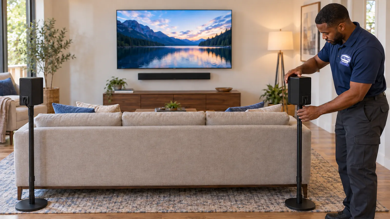Soundbar installation Ulster County: technician adjusting a rear surround speaker on a floor stand behind a sofa, TV and soundbar on the far wall
