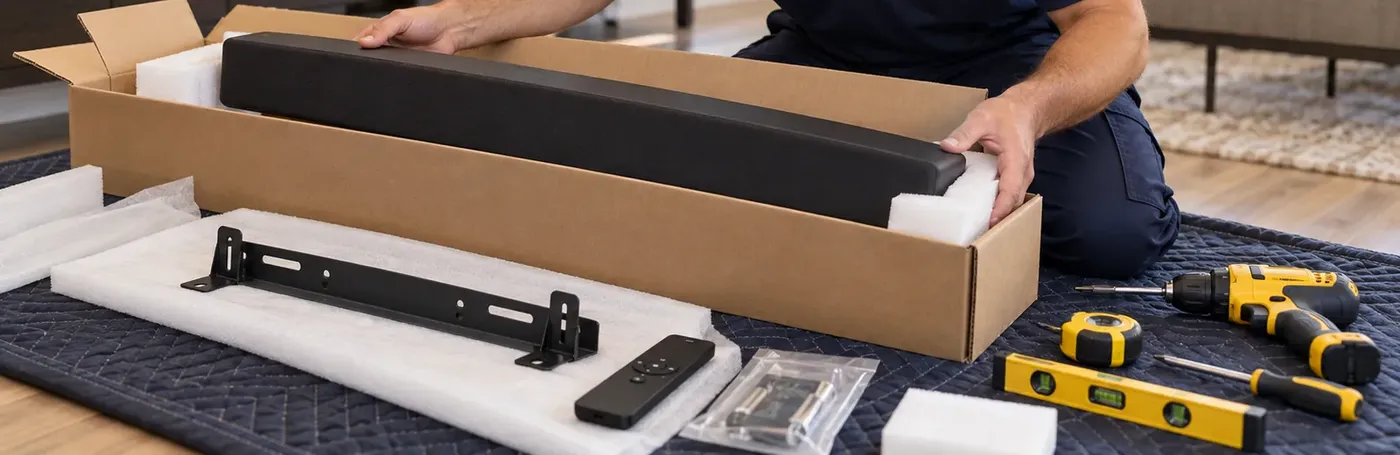 Upper East Side Manhattan soundbar installation: a soundbar being lifted from its carton on a moving blanket, with the black wall bracket on foam, a remote, a hardware bag, a cordless drill, a tape measure, a yellow level and a screwdriver laid out alongside
