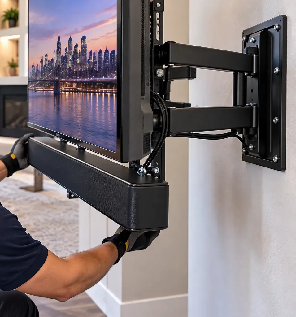 Upper East Side Manhattan soundbar installation: gloved hands holding a soundbar fixed to the underside of a TV on a black articulating wall arm, with the arm's wall plate and cables visible on a pale wall