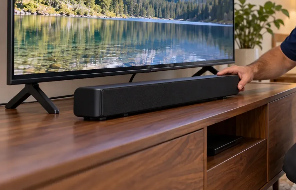 Upper East Side Manhattan soundbar installation: a hand setting a black soundbar on a walnut media console just in front of a TV standing on its own feet, with an open shelf below