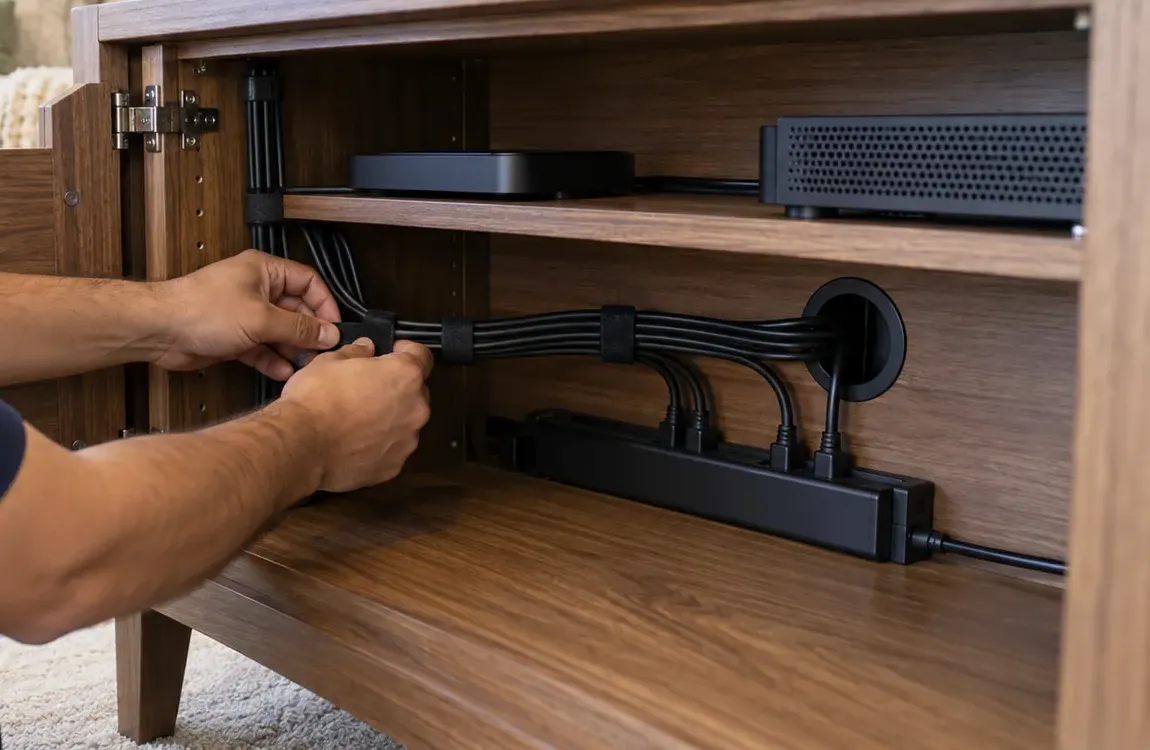 Upper East Side Manhattan soundbar installation: hands fastening a hook-and-loop strap around a bundle of black cables inside an open walnut cabinet, the bundle passing through a round rear grommet to a power strip, with two media boxes on the shelf above