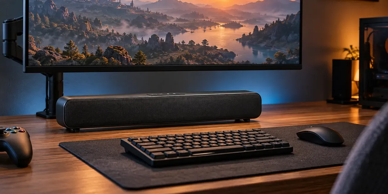 Upper East Side Manhattan soundbar installation: a compact soundbar on a wooden desk under a monitor on an arm, with a keyboard and mouse on a felt desk mat and a game controller to the left
