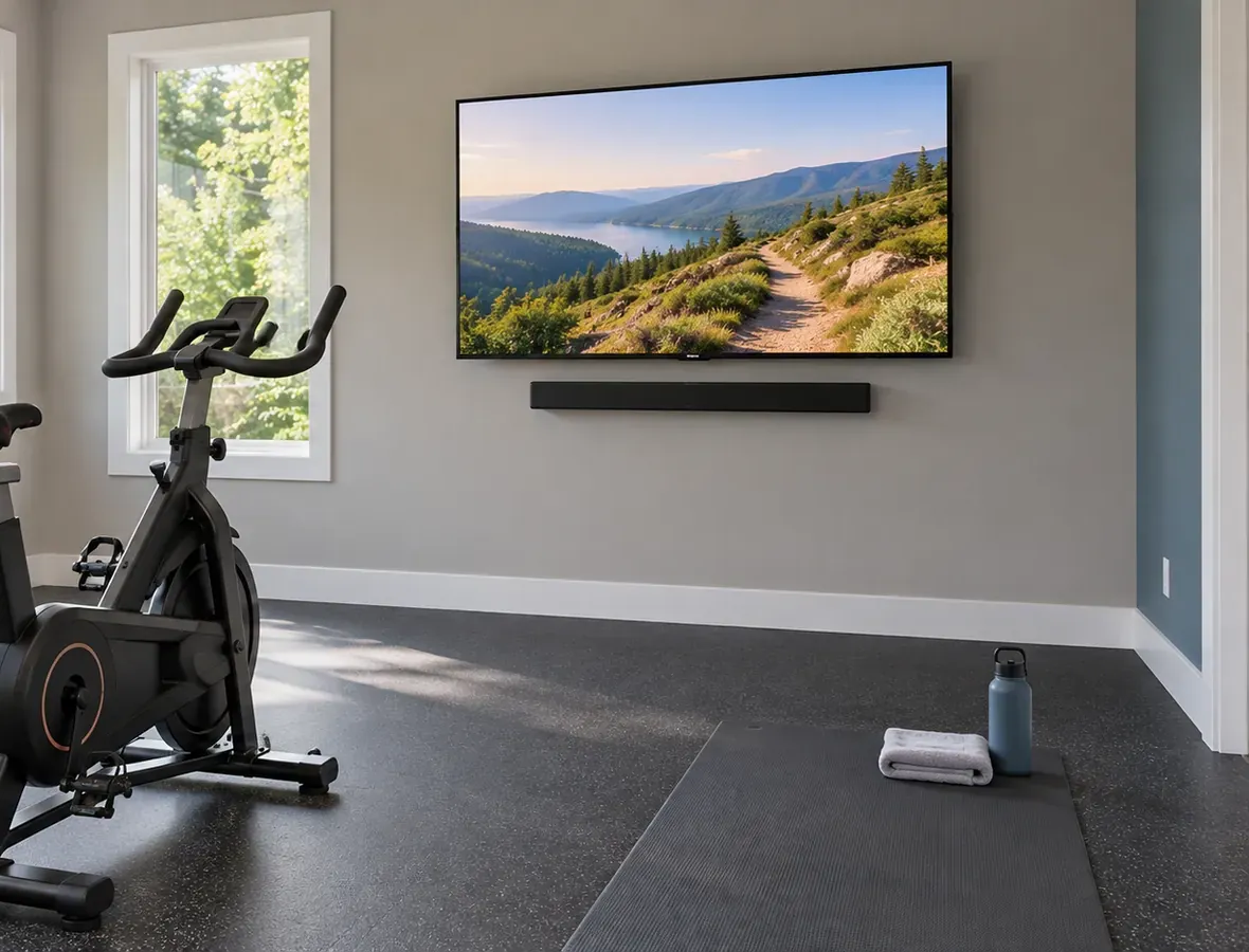 Upper East Side Manhattan soundbar installation: a home exercise room with an indoor bike and an exercise mat facing a wall-mounted TV with a soundbar fixed to the wall beneath it, a water bottle and towel on the mat