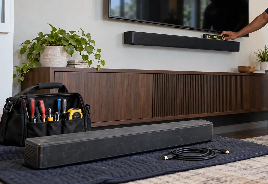 Upper East Side Manhattan soundbar installation: a hand resting a small level on top of a soundbar mounted under a wall TV above a slatted wooden console, with an open tool bag, a boxed bar and a coiled HDMI cable on a blanket on the floor