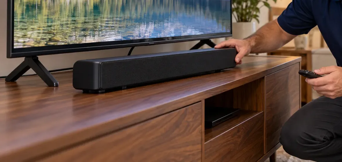 Soundbar set on a walnut console between a TV's feet β West Brighton soundbar installation Soundbar installation West Brighton, Staten Island: hand placing a black soundbar on a walnut media console between the two feet of a TV on its stand, with a remote held in the other hand