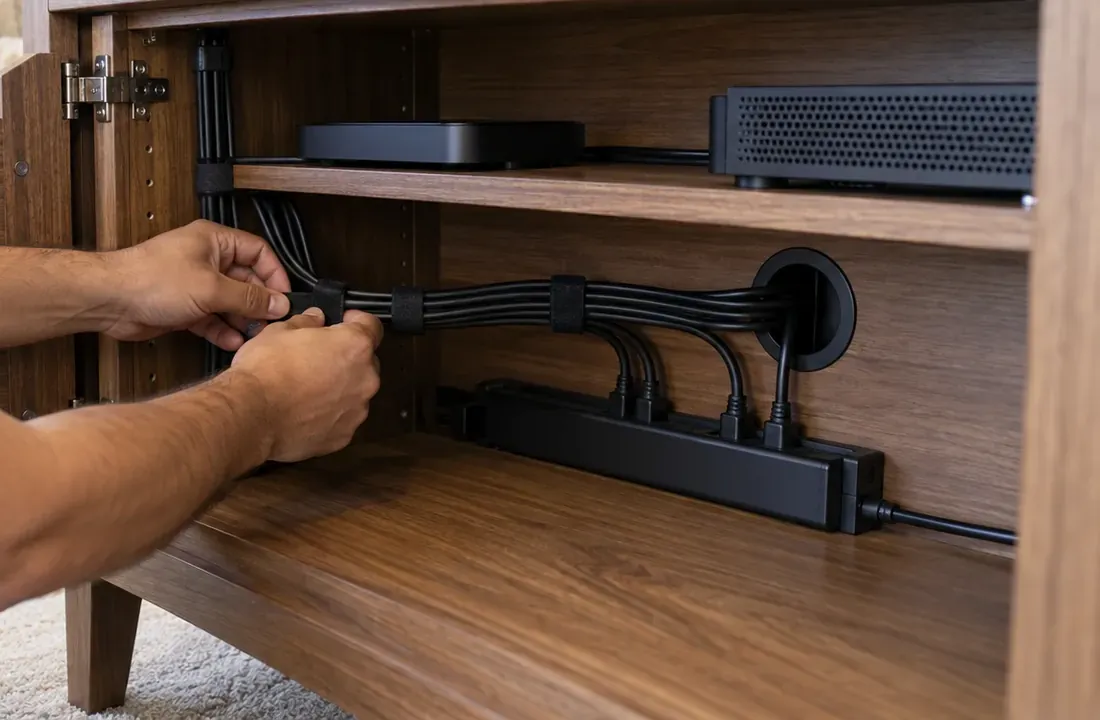 Hook-and-loop ties on cables through a cabinet grommet β West Brighton soundbar installation Soundbar installation West Brighton, Staten Island: hands wrapping hook-and-loop ties around a bundle of black cables inside a wooden media cabinet, the bundle passing through a round rear grommet to a power strip