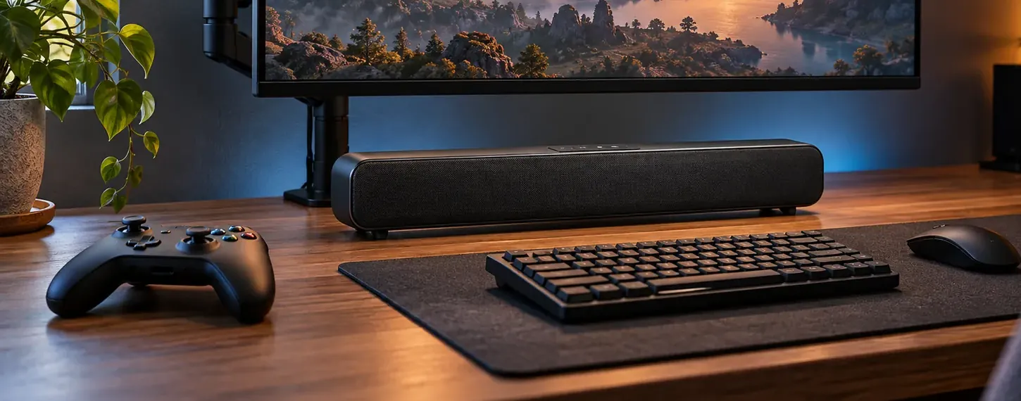 Compact soundbar on a desk with a game controller β West Brighton soundbar installation Soundbar installation West Brighton, Staten Island: compact black soundbar on a wooden desk beneath a monitor on an arm, with a game controller, keyboard on a felt mat and a mouse