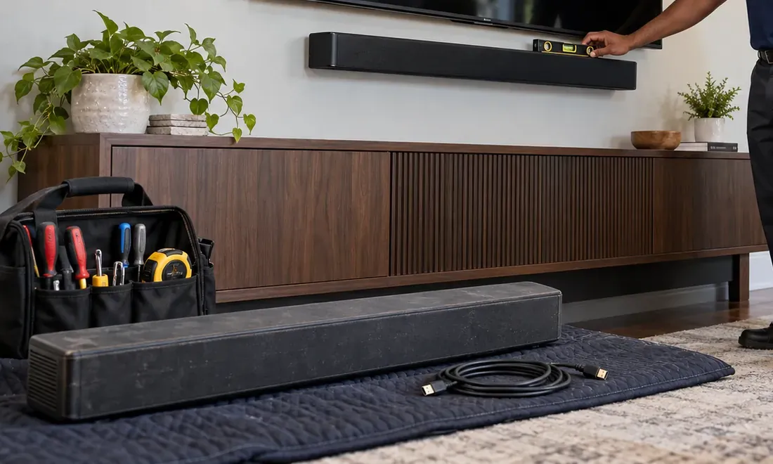Small level on a wall-mounted soundbar above a slatted console β West Brighton soundbar installation Soundbar installation West Brighton, Staten Island: hand holding a small spirit level on top of a black soundbar fixed under a wall TV, above a walnut console with a slatted centre door