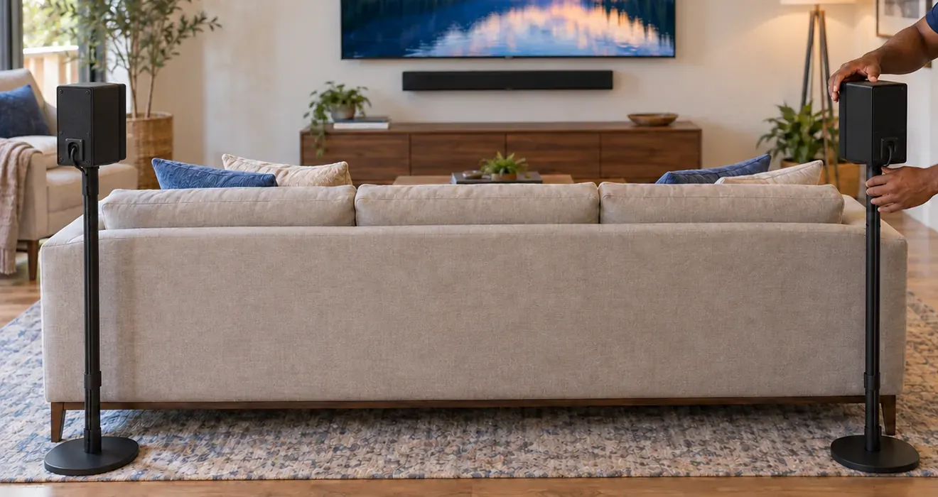 Rear speakers on stands at both ends of a sofa β West Brighton soundbar installation Soundbar installation West Brighton, Staten Island: two black rear speakers on floor stands at each end of a beige sofa, facing a soundbar mounted under a wall TV above a wood console