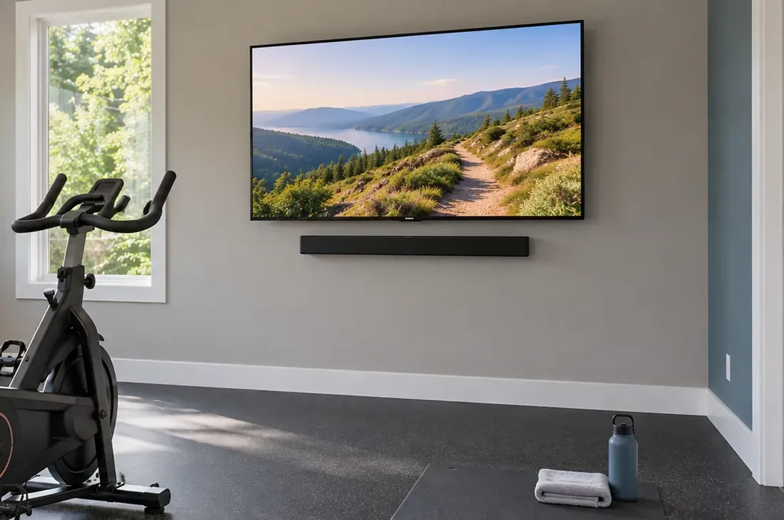 Wall TV and soundbar beside an exercise bike β West Brighton soundbar installation Soundbar installation West Brighton, Staten Island: exercise bike in front of a large wall-mounted TV with a slim soundbar fixed just beneath it, on a grey wall beside a tall window