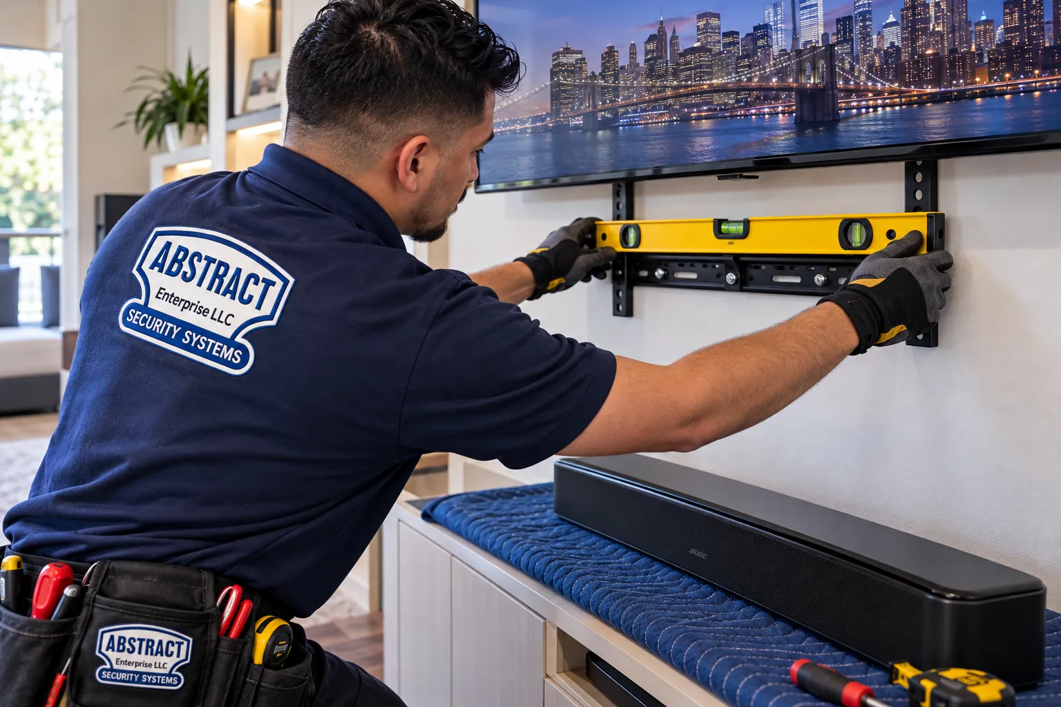 Soundbar installation Westchester County: gloved technician holding a yellow level on a soundbar wall bracket under a TV, the soundbar resting on a blue moving blanket