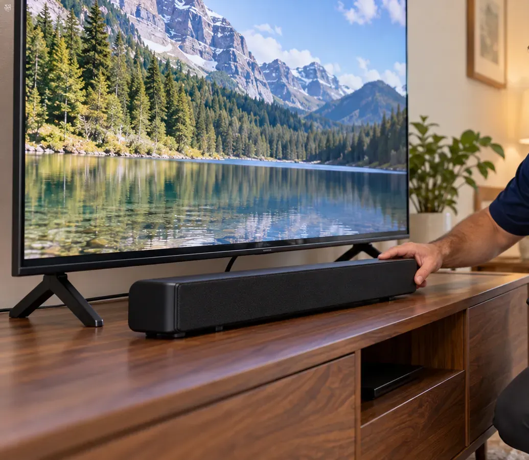 Positioning a bar on the console in front of the TV — Williamsburg soundbar installation Soundbar installation Williamsburg, Brooklyn: a hand setting a black soundbar on a walnut media console in front of a TV
