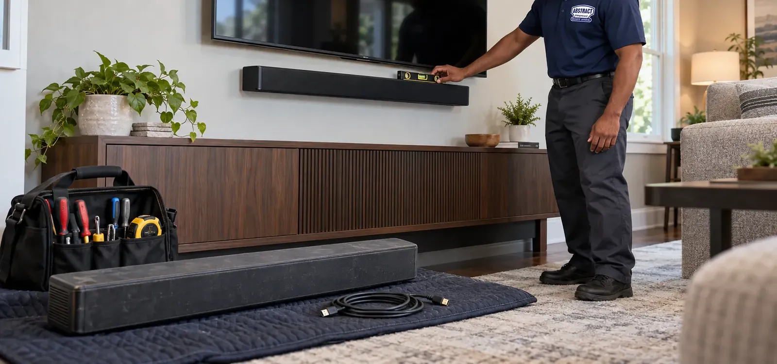 Checking level on a freshly hung soundbar — Williamsburg soundbar installation Soundbar installation Williamsburg, Brooklyn: technician resting a spirit level on a wall-mounted soundbar beneath a TV, tool bag and spare bar below
