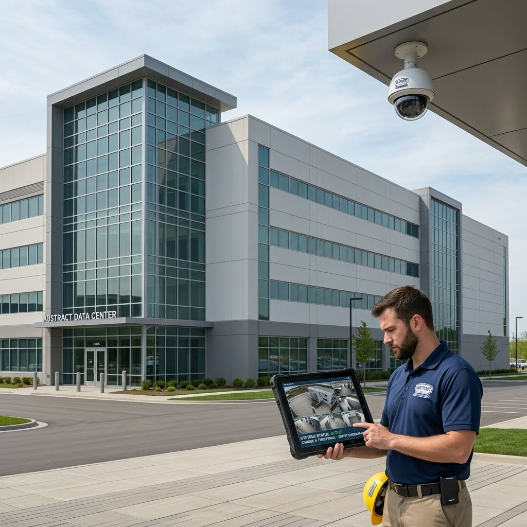 Abstract Enterprises technician monitoring security cameras on tablet after installation in the Bronx NY