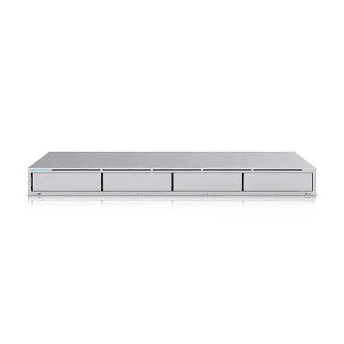 Four-bay UniFi network video recorder β Putnam County Ubiquiti installation product photo Putnam County Ubiquiti recorder product photo: a silver four-bay UniFi network video recorder seen from the front with four drive trays