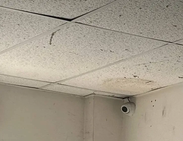 Indoor dome camera under stained ceiling tiles — Uniview installation Dutchess County example White dome camera in the corner of a room under water-stained ceiling tiles, an indoor view for a Dutchess County Uniview installation