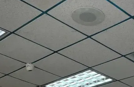 Mini dome camera and round speaker in a grid ceiling — Uniview camera installation Nassau County example Small white mini dome and a round ceiling speaker in a grid ceiling — Uniview camera installation Nassau County shop example