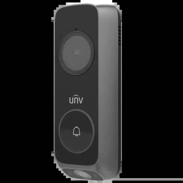 UNV dark grey video doorbell — manufacturer product photo for Staten Island front doors Uniview doorbell camera for Staten Island homes: manufacturer product photo of a dark grey UNV video doorbell with a large lens and an illuminated bell button
