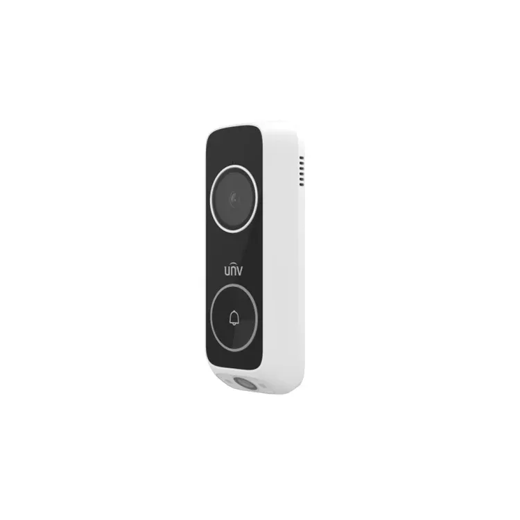 UNV white video doorbell — manufacturer product photo, Staten Island Uniview installation Uniview video doorbell for a Staten Island two-family entrance: manufacturer product photo of a slim white UNV doorbell with a round lens above a round call button