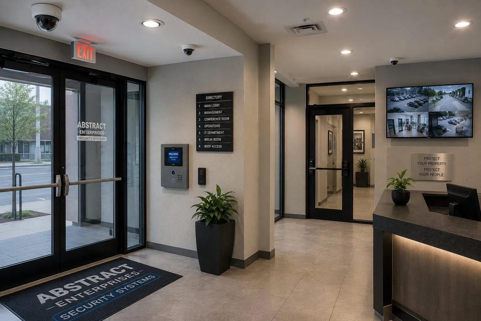 Lobby display showing camera tiles above a reception desk — Nassau video wall reference Nassau County video wall reference photo: an office lobby with glass entry doors, ceiling dome cameras, an entry panel and a wall display showing four camera views above a reception desk