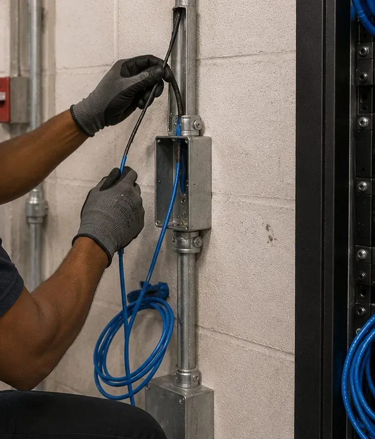 Cable pulled from a conduit box on a block wall — Putnam County video wall cabling reference Putnam County video wall installation reference photo: gloved hands pull blue cable out of a metal conduit box mounted on a painted block wall
