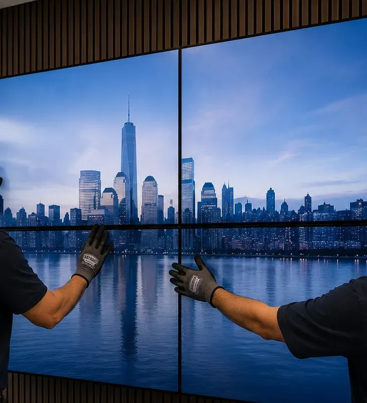 Gloved hands aligning the seams of a four-panel display — Putnam County video wall reference Putnam County video wall installation reference photo: two gloved hands press the seam between four thin-bezel display panels showing a city skyline, mounted against a dark slatted wall