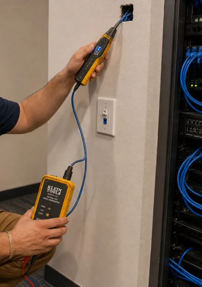 Tone probe tracing a cable at a wall opening — Putnam County existing-wiring reference Putnam County video wall installation reference photo: a technician holds a yellow tone probe to a blue cable coming out of a wall opening, with the tone generator in the other hand
