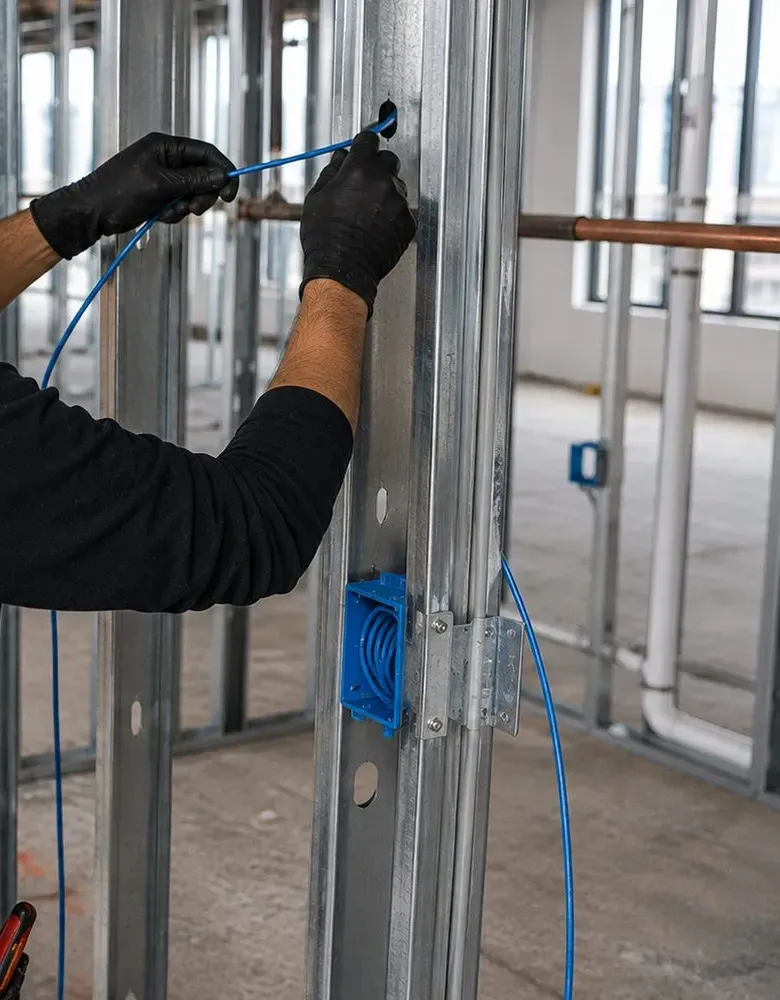 Blue cable pulled through a steel stud above a low-voltage box β Queens video wall rough-in reference Queens video wall installation reference photo: gloved hands pulling blue cable through a hole in a steel stud above a blue low-voltage box fixed to the stud in an open office build-out
