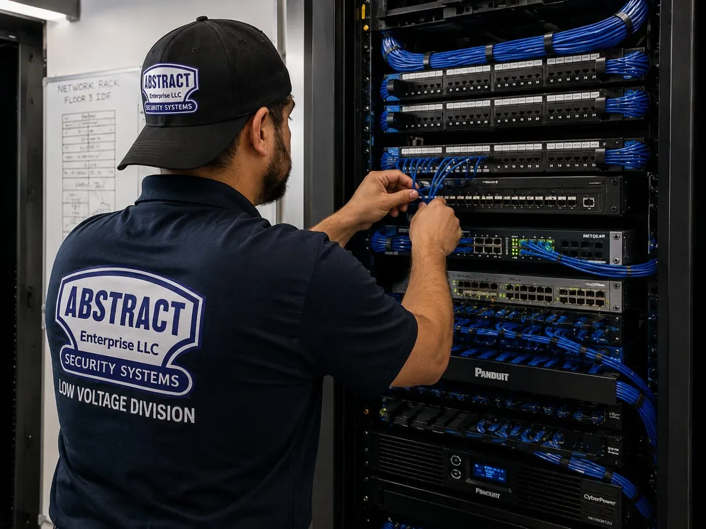 Technician patching cables in a network rack β Queens video wall equipment reference Queens video wall equipment reference photo: a technician patching blue cables between patch panels and switches in a black network rack