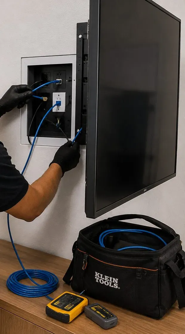 Gloved hands feeding cable into a recessed box beside a mounted display β Queens video wall repair reference Queens video wall repair reference photo: gloved hands feeding blue network cable into a recessed wall box beside a mounted display, with a cable tester and tool bag on the counter below
