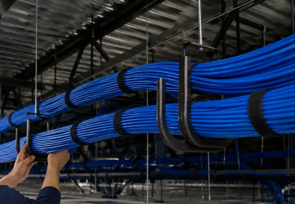 Cable bundles carried in J-hooks — Rockland County video wall cabling reference Rockland County video wall installation photo: thick bundles of blue cable hang in black J-hooks below an open steel roof