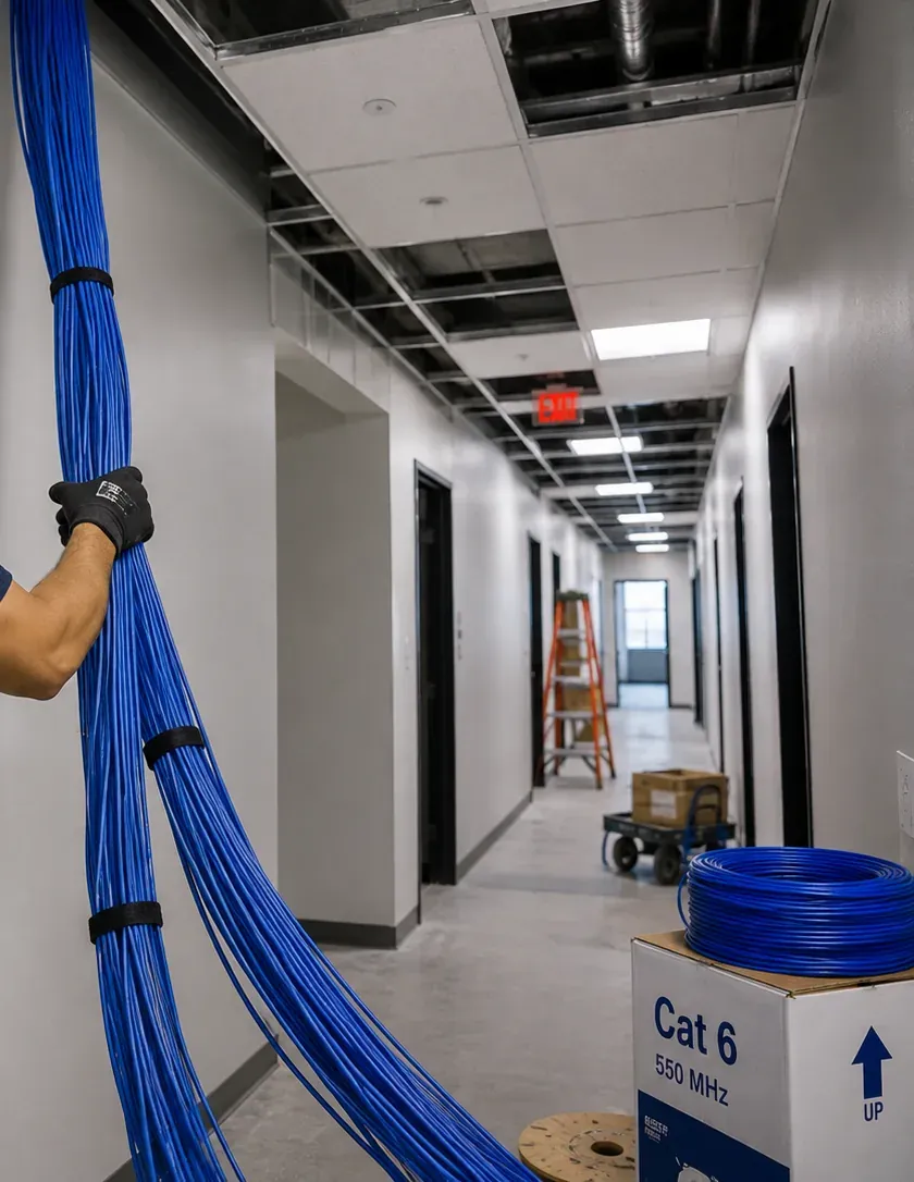 Cable bundle dropped down a corridor wall — Rockland County rough-in reference Rockland County video wall installation photo: a large bundle of blue cable drops from an opened ceiling down a long corridor wall