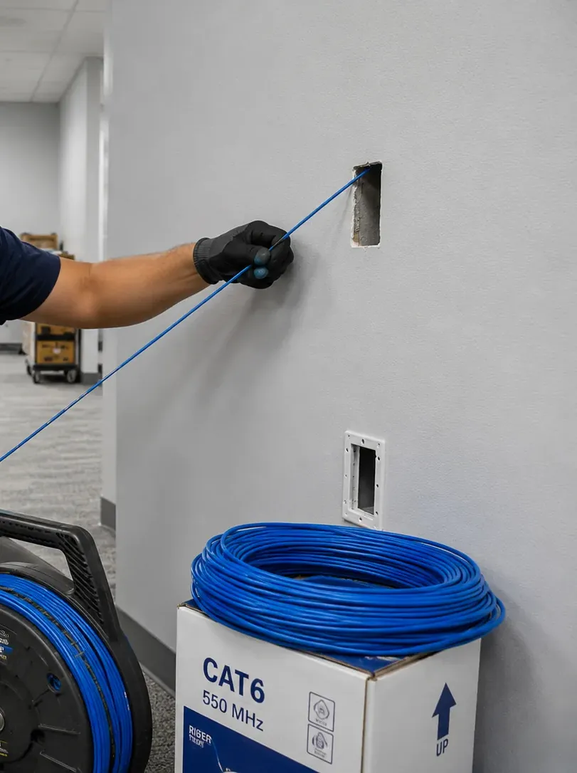Cable fished to a wall opening — Rockland County finished-wall retrofit reference Rockland County video wall installation photo: a gloved hand feeds blue cable into an opening cut high in a finished wall, from a reel below