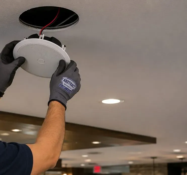 Ceiling speaker fitted above a dining room — Rockland County hall audio reference Rockland County video wall installation photo: gloved hands press a round ceiling speaker into a cut-out above a dining room with pendant lights