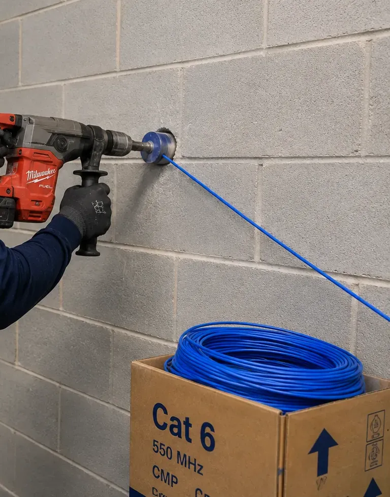 Core drilling a block wall for a cable pass-through — Rockland County reference Rockland County video wall installation photo: a red rotary hammer drills through a concrete-block wall beside a blue cable and a Cat6 box