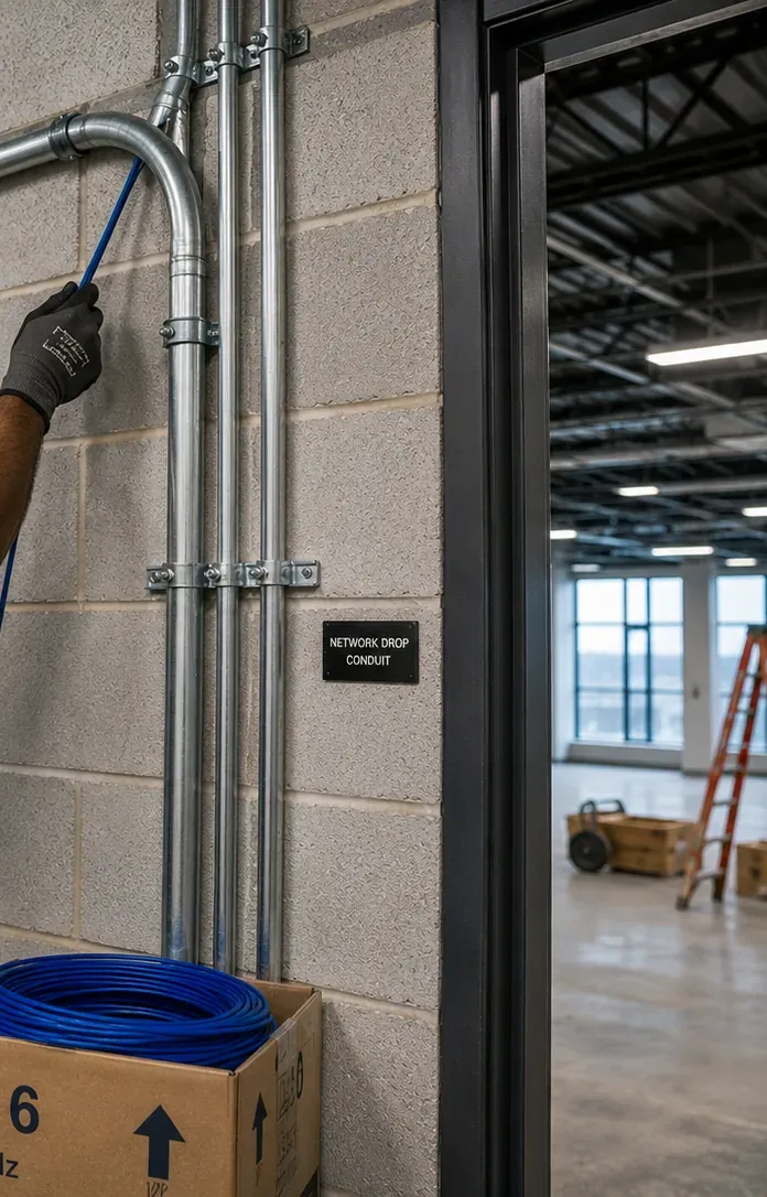 EMT conduit riser on a block wall — Rockland County cable path reference Rockland County video wall installation photo: metal EMT conduits run up a painted block wall beside a doorway, a box of Cat6 cable below