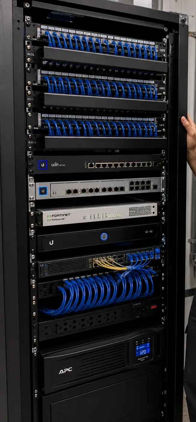 Equipment rack with battery backup at its base — Rockland County video wall power reference Rockland County video wall installation photo: a full-height equipment rack with patch panels, switches and a battery backup unit at the bottom