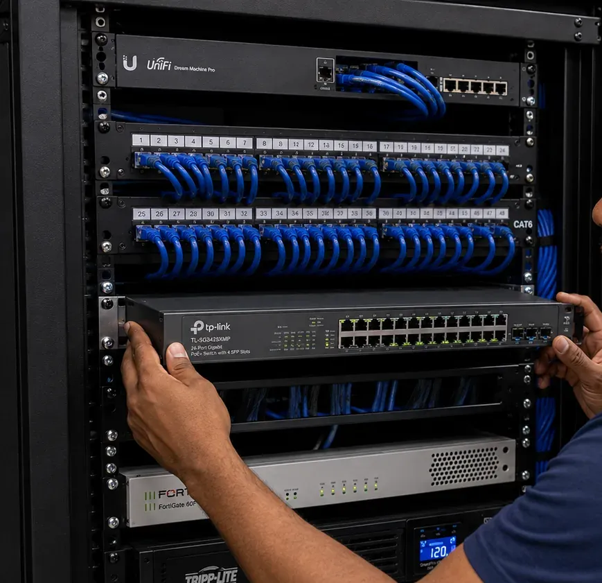 Network switch slid into a rack — Rockland County video wall network reference Rockland County video wall installation photo: hands slide a 24-port network switch into a rack below numbered patch panels