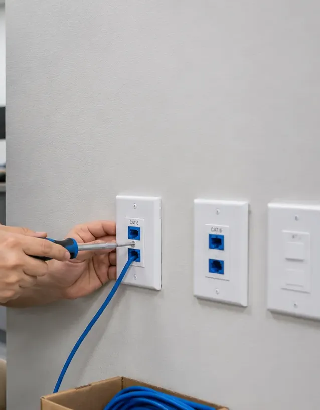 Terminating a jack in a wall plate — Rockland County data outlet reference Rockland County video wall installation photo: a screwdriver terminates a blue cable into a two-port wall plate beside two more plates