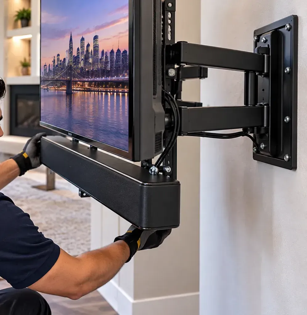 Articulating arm mount holding a flat display — Suffolk video wall reference Suffolk County video wall installation reference photo: gloved hands steady a flat display on a black articulating arm mount fixed to a white wall