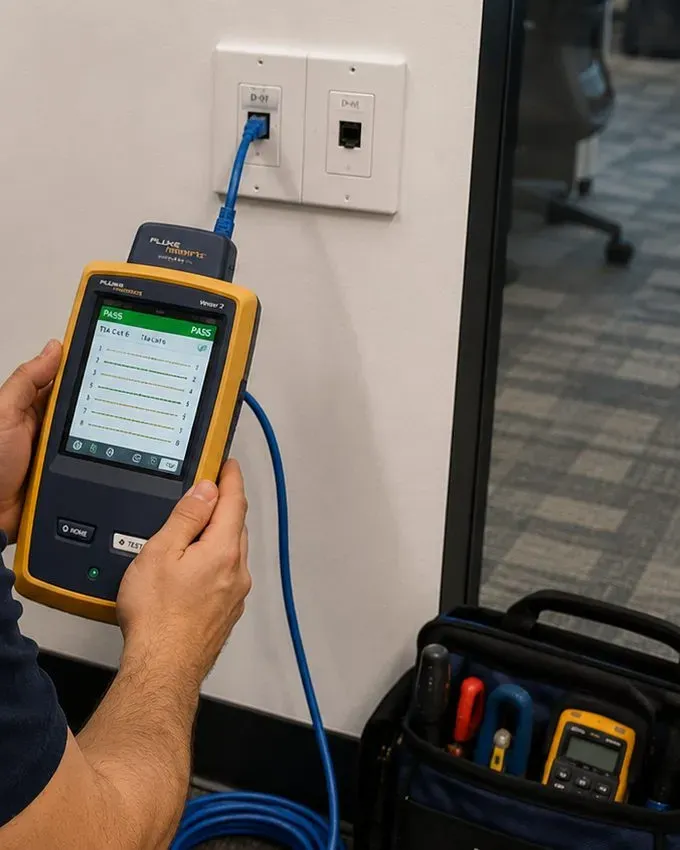 Cable certifier pass at a wall jack — Suffolk video wall reference Suffolk County video wall installation reference photo: a handheld cable certifier showing a pass result, connected by blue patch cord to a wall jack