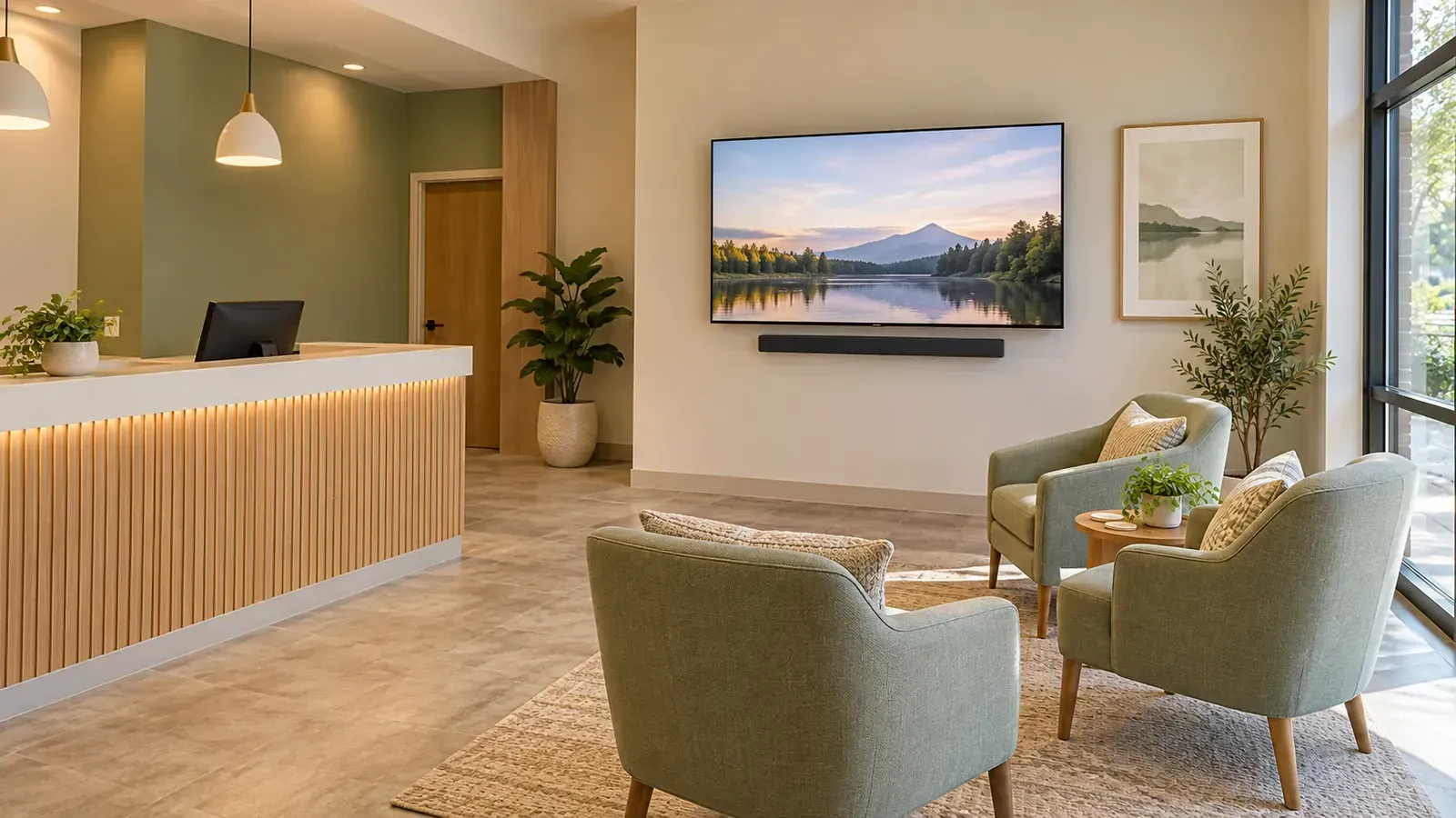 Reception lounge wall display — Suffolk video wall reference Suffolk County video wall installation reference photo: a wall display above a slim speaker in a reception lounge with armchairs and a front desk